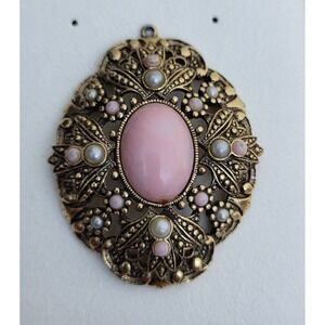 Vintage Queen Ann's Lace Pendant‎ Signed Avon Pink Faux Pearl Gold Tone Filigree